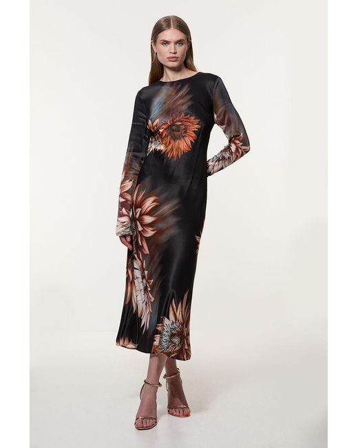 Karen Millen Multicolor Viscose Satin Long Sleeve Bias Cut Woven Midi Dress