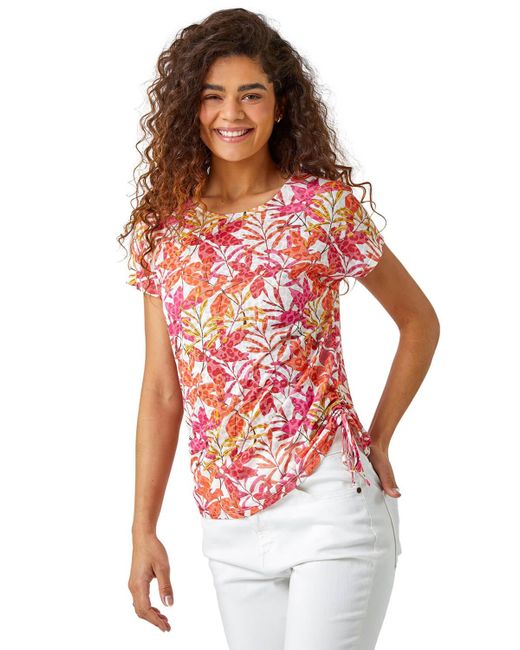 Roman Red Leaf Print Side Tie Stretch Top