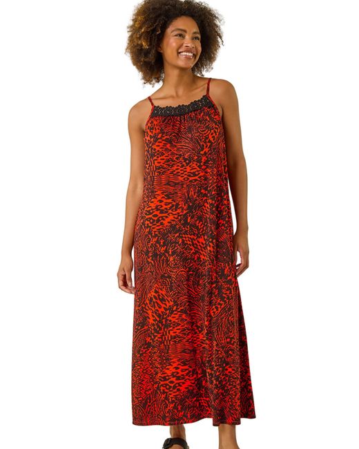 Roman Red Abstract Print Trim Detail Midi Dress