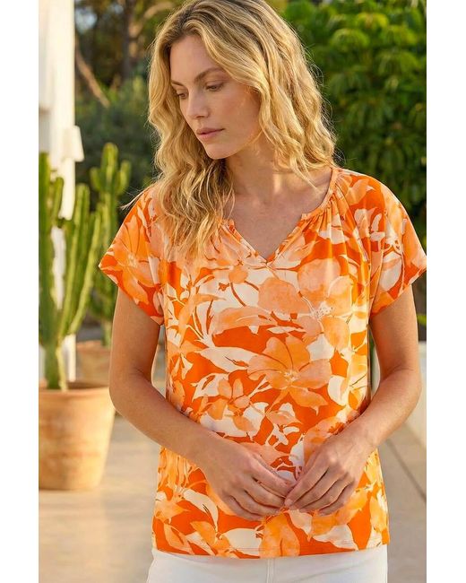 Roman Orange Abstract Print Stretch Tunic Top