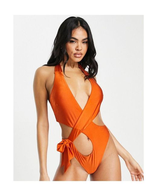 ASOS Orange Tie Side Cut Out Halter Swimsuit