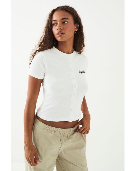 DSGN Studio White Script Embroidery Ribbed Button Through Short Sleeve Top
