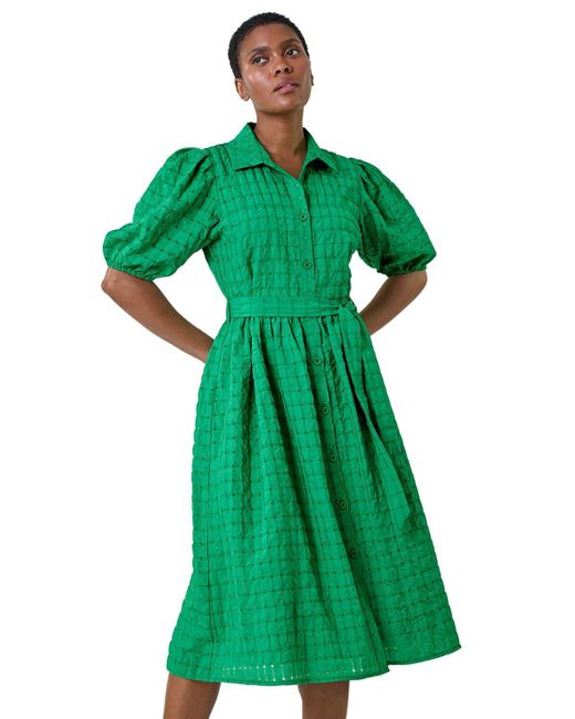 Roman Green Textured Puff Sleeve Midi Shirt Dress