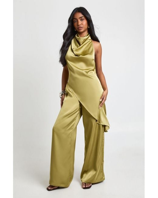 Boohoo Yellow Satin Drawstring Waist Wide Leg Trousers