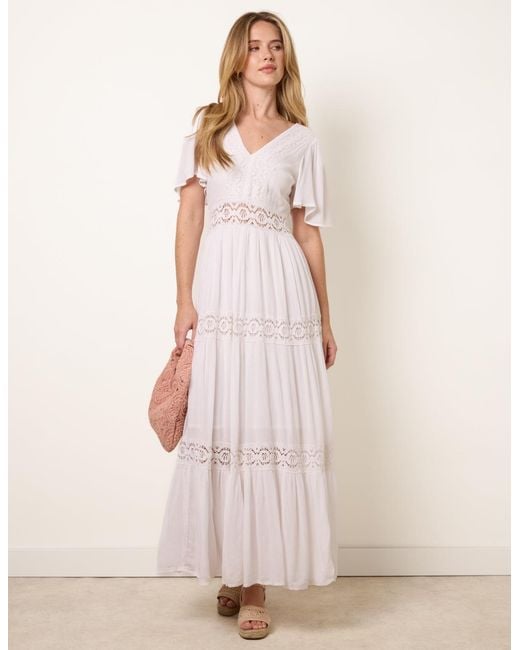 Blue Vanilla Natural V-Neck Tiered Crochet Detail Maxi Dress