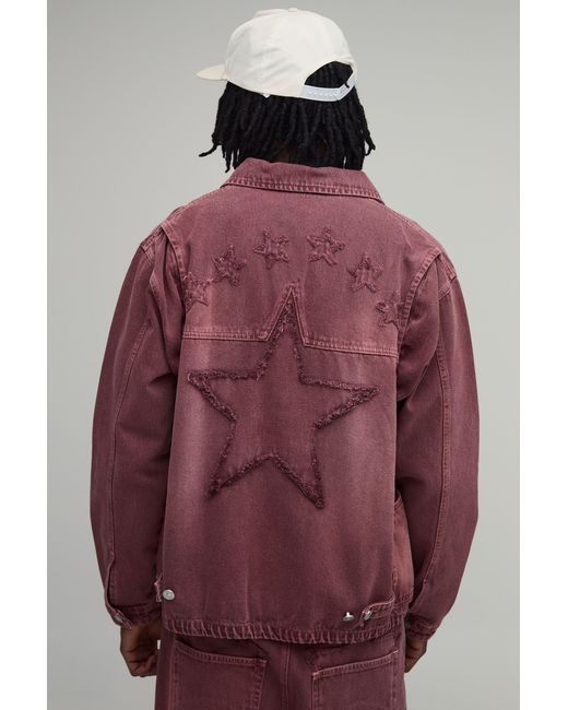 BoohooMAN Red Tall Overdye Western Applique Denim Harrington Jacket for men