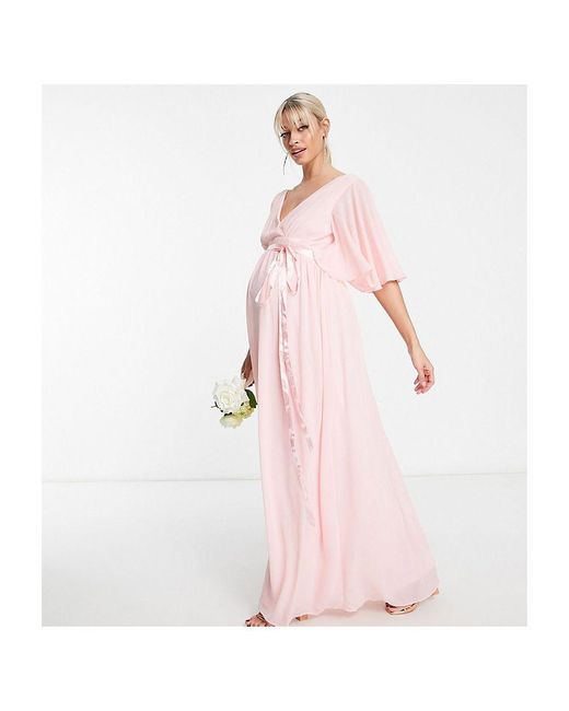 TFNC London Pink Maternity Bridesmaid Kimono Sleeve Pleated Maxi Dress With Angel