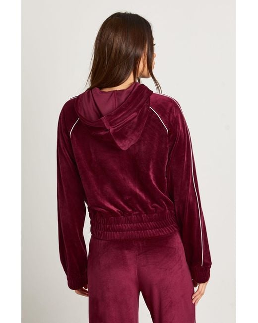 Boohoo Red Velour Contrast Piping Zip Through Cropped Hoodie