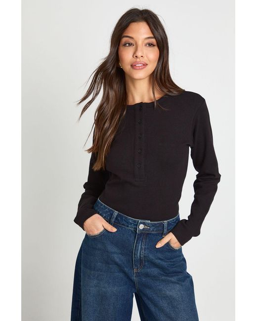 Boohoo Black Cotton Henley Button Front Long Sleeve Top