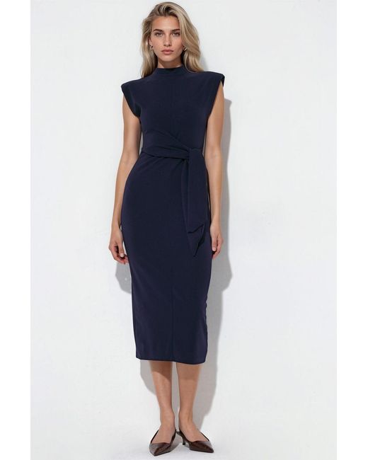 Busem Blue Sleeveless Fitted Midi Dress With Tie Detail