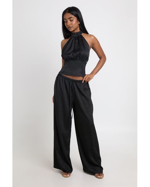 Boohoo Black Textured Woven High Neck Top And Wide Leg Trouser Set