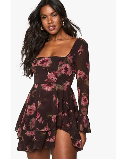 Boohoo Red Floral Chiffon Skater Dress