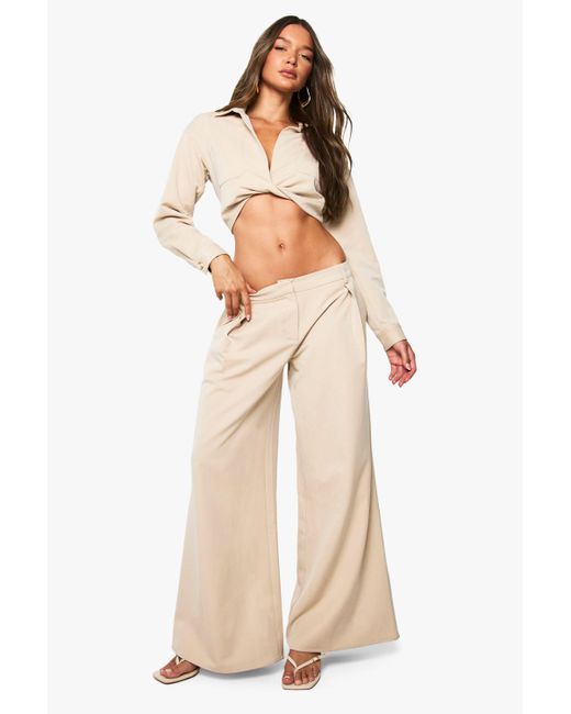 Boohoo Natural Linen Look Pleat Detail Column Leg Pants