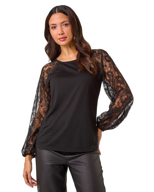 Roman Black Lace Sleeve Stretch Tunic Top
