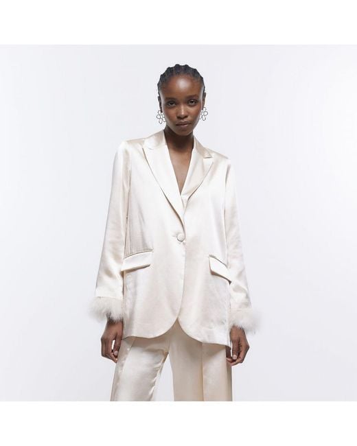River Island White Blazer Satin Feather Cuff