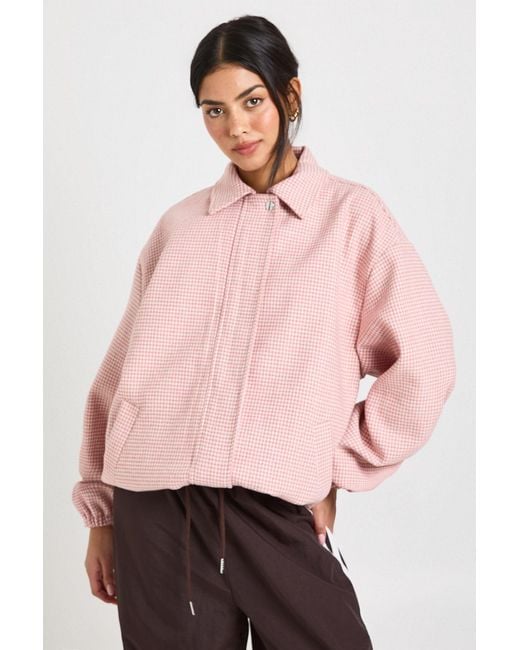 Boohoo Pink Houndstooth Print Wool Look Bomber Jacket