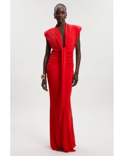 Karen Millen Red Plunge Ruched Twist Jersey Maxi Dress