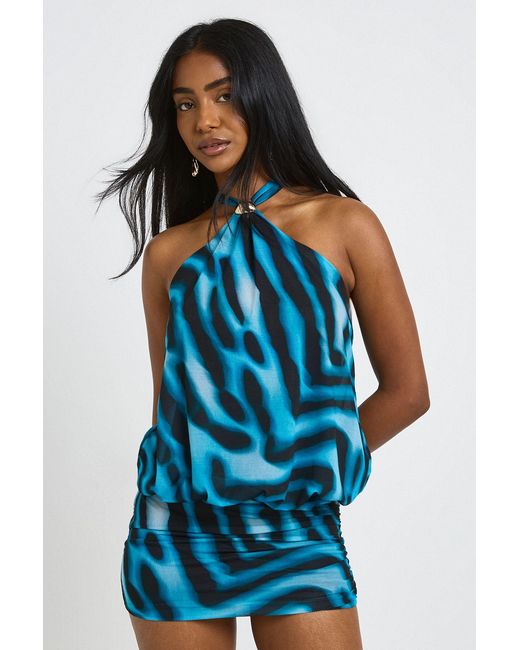 Boohoo Blue Halterneck Trim Detail Blurred Tie Dye Printed Mini Dress