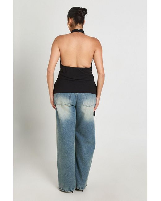Boohoo Blue Plus Cowl Front Tie Side Halter Top