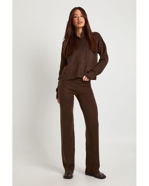 Boohoo Brown Tall Soft Knit Button Through Cardigan And Wide Leg Trouser Co-Ord