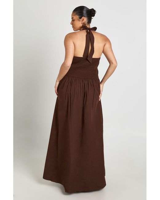 Boohoo Brown Plus Cotton Poplin Halter Neck Pleated Maxi Dress