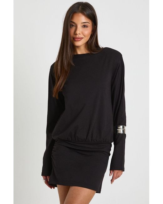 Boohoo Black Ruched Long Sleeve Shoulder Pad T-Shirt Mini Dress