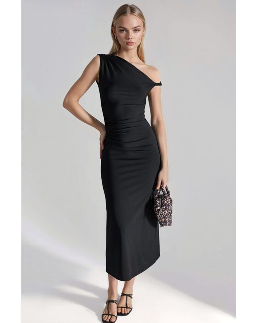 Hiccup Black Asymmetrical Collar Bodycon Midi Dress