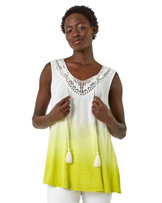 Roman Yellow Cotton Lace Detail Ombre V-Neck Vest Top