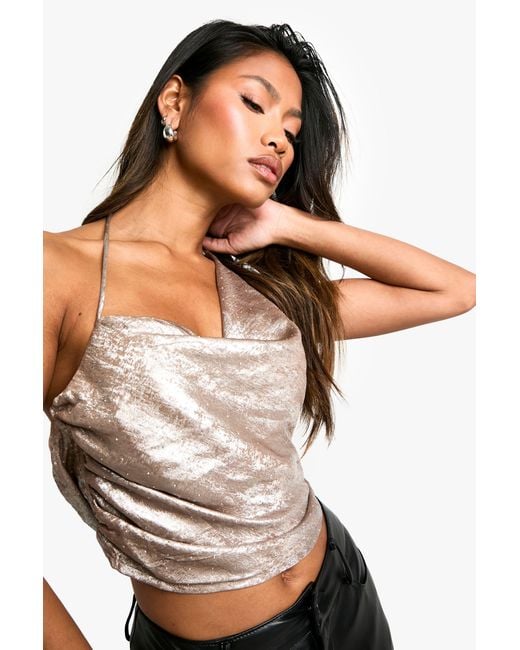 Boohoo Metallic Diamante Satin Tie Back Longline Cami
