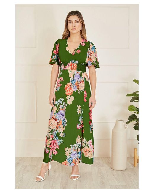 Mela London Green Floral Ruched Waist Maxi Dress With Split Hemline