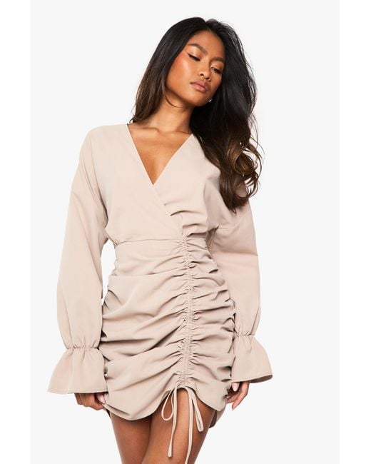 Boohoo Natural Cotton Ruched Wrap Shirt Dress