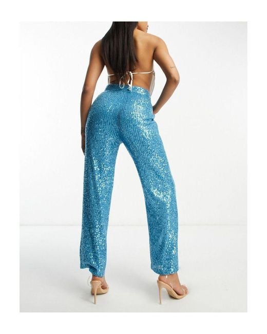 ASOS Blue Hourglass Straight Sequin Ankle Grazer Trousers