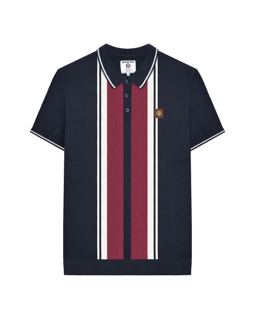 Lambretta Black Greco Striped Knitted Short-Sleeved Polo Shirt Cotton for men