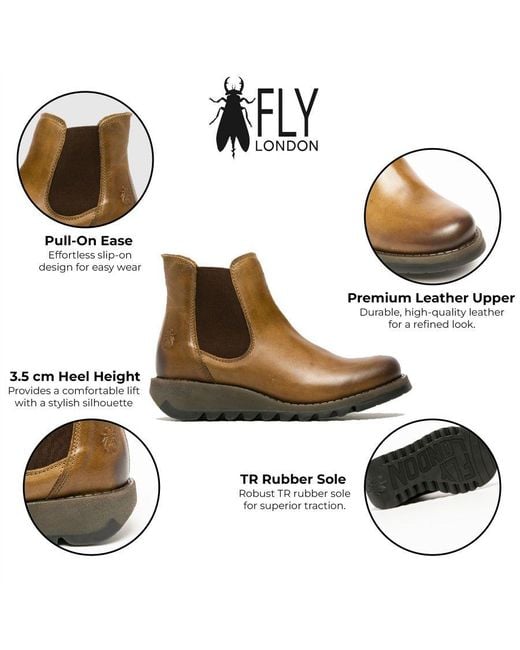 Fly London Brown Salv Chelsea Leather Ankle Casual Wedge Heel Boots