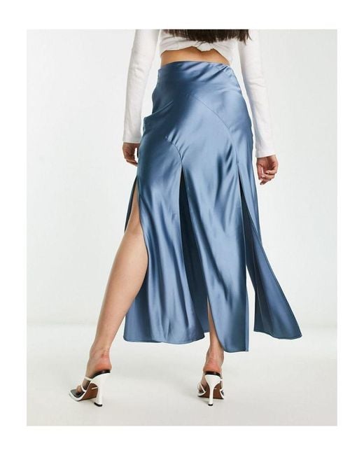 ASOS Blue Satin Maxi Skirt With Spliced Hem
