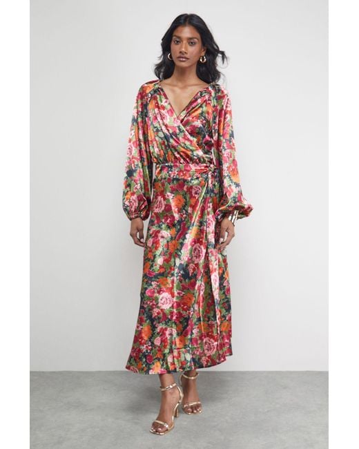 Warehouse Red Satin Tie Waist Wrap Ruffle Tier Maxi Dress