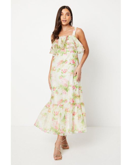 Oasis Petite Floral Frill Strappy Organza Midi Dress in Natural Lyst UK