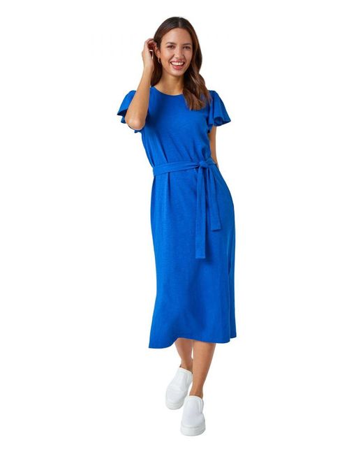 Roman Blue Ruffle Sleeve Belted Cotton Midi Dress