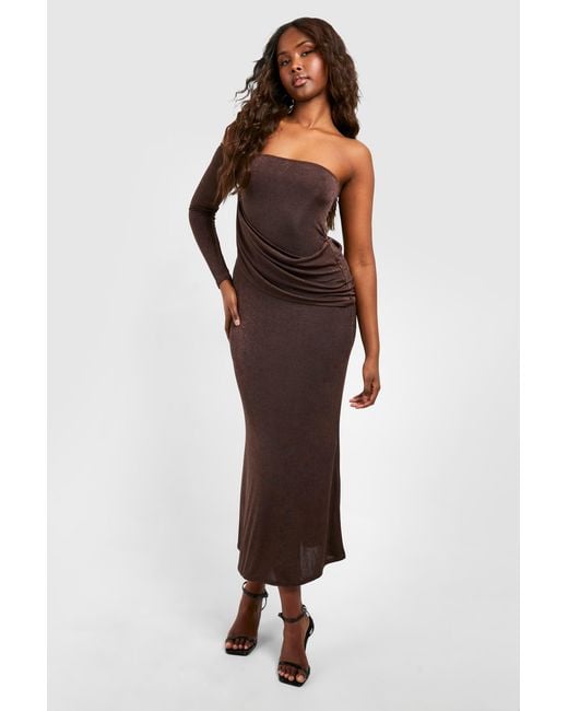 Boohoo Brown Wrap Ruched Acetate Slinky Maxi Dress
