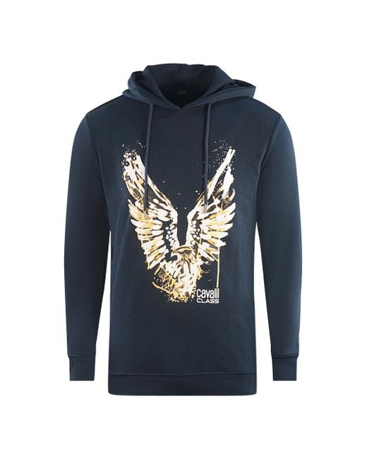 Roberto Cavalli Blue Golden Eagle Logo Hoodie Cotton for men
