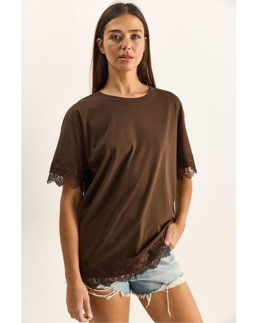 Bianco Lucci Brown Oversized Crew Neck Cotton T-Shirt