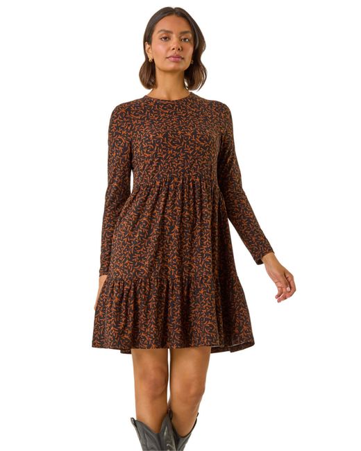 Roman Brown Leaf Print Stretch Dress
