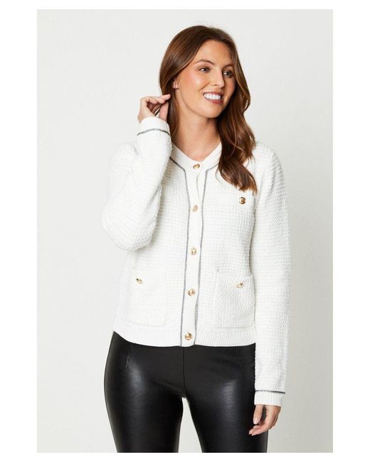 Wallis White Boucle Round Neck Button Front Knitted Jacket Cotton
