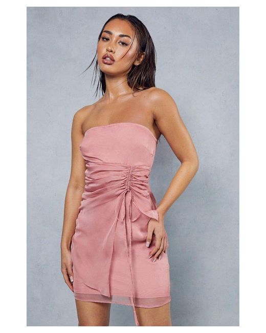 MissPap Pink Chiffon Frill Detail Ruched Bandeau Mini Dress