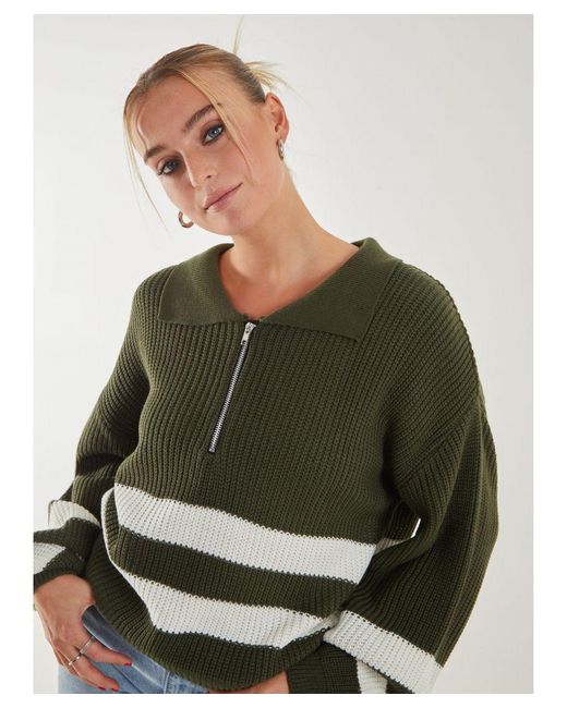 Pink Vanilla Green Vanilla Striped Zip-Up Collar Knitted Jumper