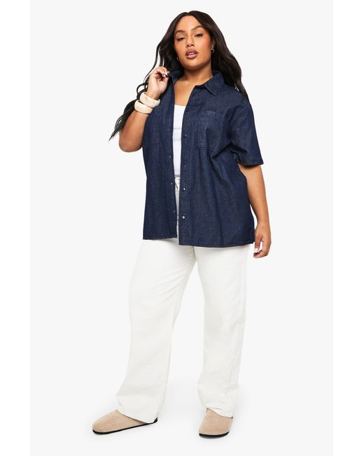 Boohoo Blue Plus Chambray Denim Short Sleeve Shirt