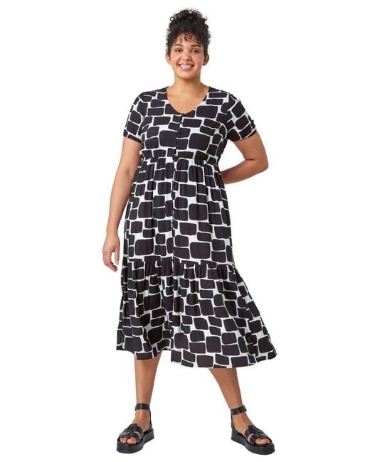 Roman Curve White Pebble Print Tiered Midi Dress