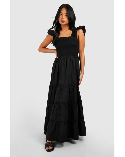 Boohoo Black Petite Shirred Poplin Midaxi Dress