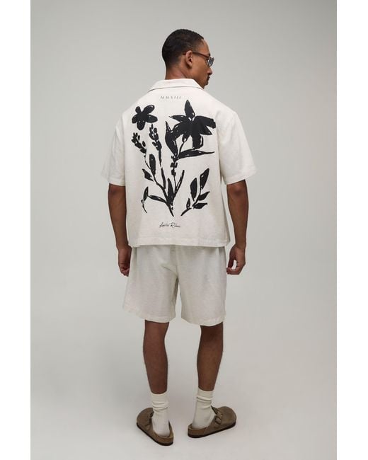 BoohooMAN Gray Floral Print Linen Look Oversized Shirt & Short Set for men