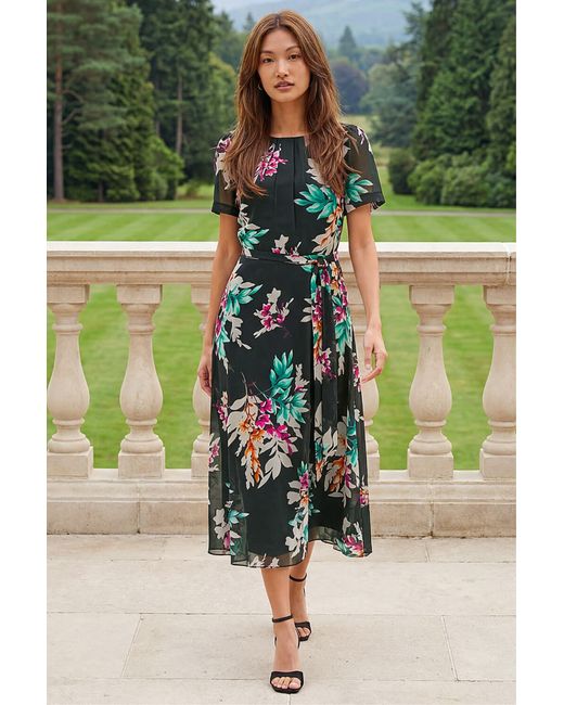 Roman Green Floral Print Pleat Neck Midi Dress